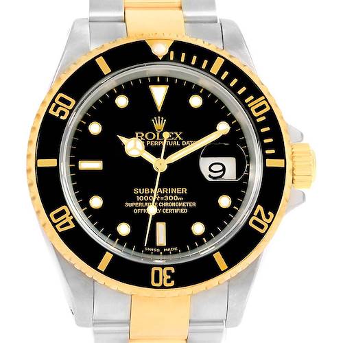The image shows a frontal view of a Rolex Submariner 16613 Men's Steel and Gold (two tone) Black Dial 16613 Men's Steel and Gold (two tone) Black Dial watch, featuring a black dial and bezel with gold accents.