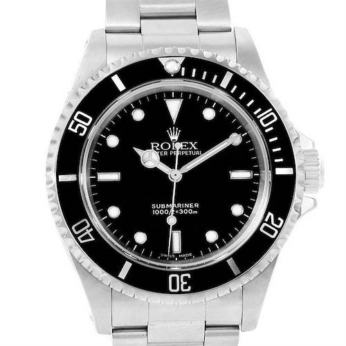 The image shows a front view of a Rolex Submariner 14060 Men's Stainless Steel Black Dial 14060 Men's Stainless Steel Black Dial watch, highlighting its black dial, bezel, and stainless steel bracelet.
