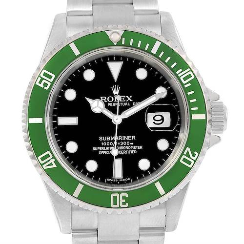 The image shows a front view of a Rolex Submariner 16610LV Men's Stainless Steel Black Dial 16610LV Men's Stainless Steel Black Dial, displaying its green bezel, black dial, and stainless steel bracelet.