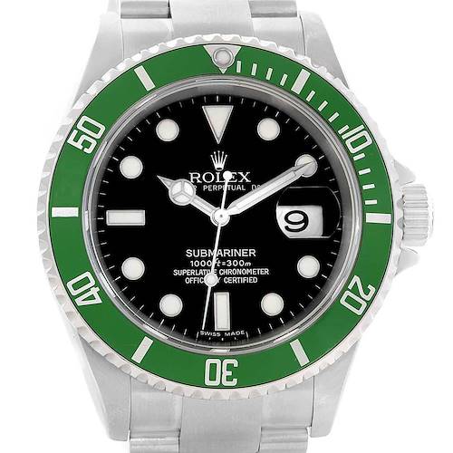 The image shows a front view of a Rolex Submariner 16610LV Men's Stainless Steel Black Dial 16610LV Men's Stainless Steel Black Dial watch with a green bezel and a black dial.