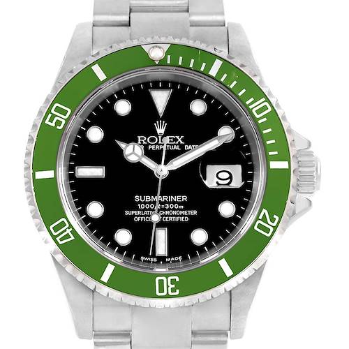This image shows a front view of a Rolex Submariner 16610LV Men's Stainless Steel Black Dial 16610LV Men's Stainless Steel Black Dial watch with a green bezel, black dial, and stainless steel bracelet.