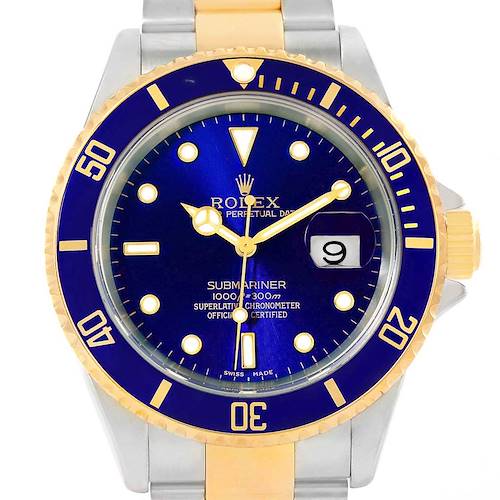 The image shows a front view of a Rolex Submariner 16613 Men's Steel and Gold (two tone) Blue Dial 16613 Men's Steel and Gold (two tone) Blue Dial watch, highlighting its blue dial, gold accents, and stainless steel band.