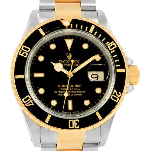 This image shows a front view of the Rolex Submariner 16613 Men's Steel and Gold (two tone) Black Dial 16613 Men's Steel and Gold (two tone) Black Dial watch, highlighting the bezel, dial, and part of the bracelet.