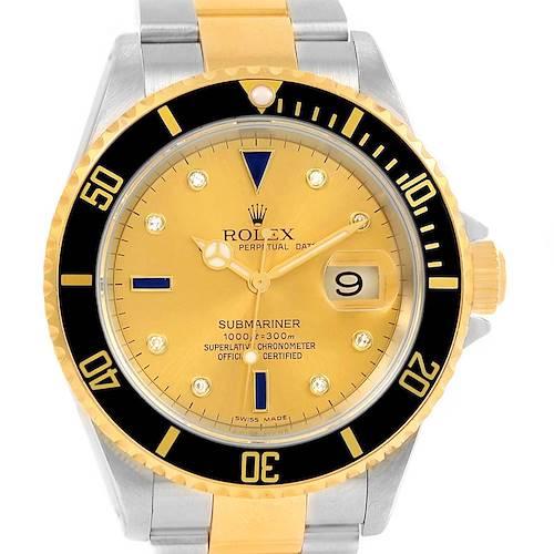 This image shows a Rolex Submariner 16613 Men's Steel and Gold (two tone) Champagne Dial 16613 Men's Steel and Gold (two tone) Champagne Dial watch from the front, highlighting the dial, bezel, and bracelet.