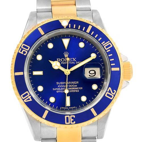 This image shows a front view of the Rolex Submariner 16613 Men's Steel and Gold (two tone) Blue Dial 16613 Men's Steel and Gold (two tone) Blue Dial watch, highlighting its blue dial, gold and steel bracelet, and date function.