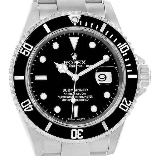 This image shows a frontal view of the Rolex Submariner 16610 Men's Stainless Steel Black Dial 16610 Men's Stainless Steel Black Dial watch, displaying the face, bezel, and part of the bracelet.