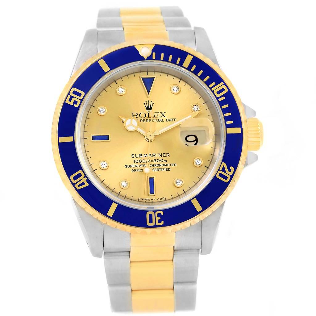The image shows a front view of a Rolex Submariner 16613 Men's Steel and Gold (two tone) Champagne Dial 16613 Men's Steel and Gold (two tone) Champagne Dial watch, featuring the dial, bezel, and bracelet.