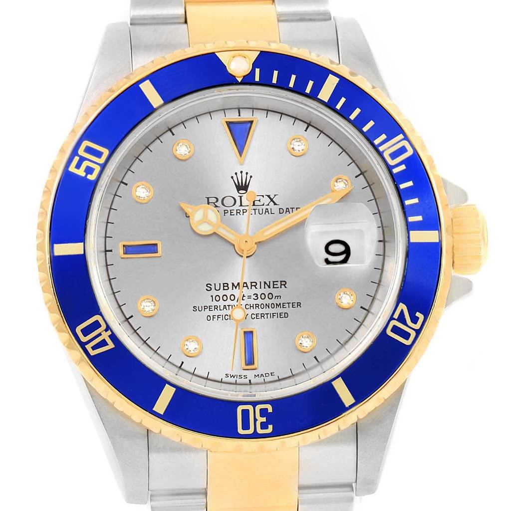 This image shows a front view of a Rolex Submariner 16613 Men's Steel and Gold (two tone) Grey Dial 16613 Men's Steel and Gold (two tone) Grey Dial watch, highlighting its face, bezel, and part of the bracelet.