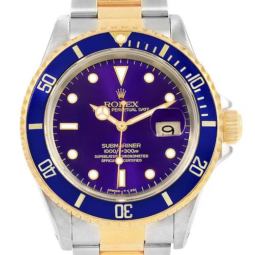 This image shows a front view of a Rolex Submariner 16613 Men's Steel and Gold (two tone) Purple Dial 16613 Men's Steel and Gold (two tone) Purple Dial watch, featuring its dial, bezel, and bracelet.
