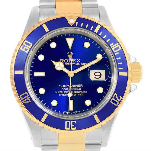 This image shows a frontal view of a Rolex Submariner 16613 Men's Steel and Gold (two tone) Blue Dial 16613 Men's Steel and Gold (two tone) Blue Dial watch with a blue dial, date display, and a two-tone bezel and bracelet.