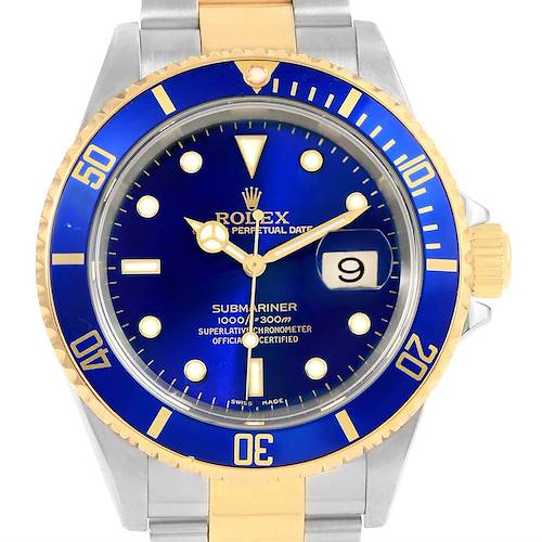 The image shows a front view of a Rolex Submariner 16613 Men's Steel and Gold (two tone) Blue Dial 16613 Men's Steel and Gold (two tone) Blue Dial watch with a blue dial and date display.