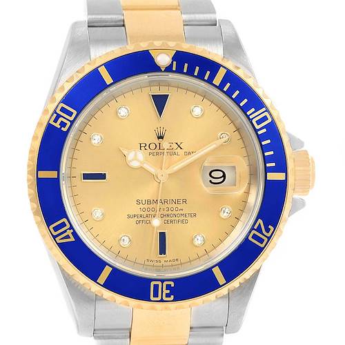 The watch is shown from a front angle, displaying the face, bezel, and part of the bracelet of the Rolex Submariner 16613 Men's Steel and Gold (two tone) Champagne Dial 16613 Men's Steel and Gold (two tone) Champagne Dial.