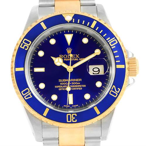 The image displays a frontal view of a Rolex Submariner 16613 Men's Steel and Gold (two tone) Blue Dial 16613 Men's Steel and Gold (two tone) Blue Dial watch, showcasing its blue dial, gold bezel, and two-tone bracelet.