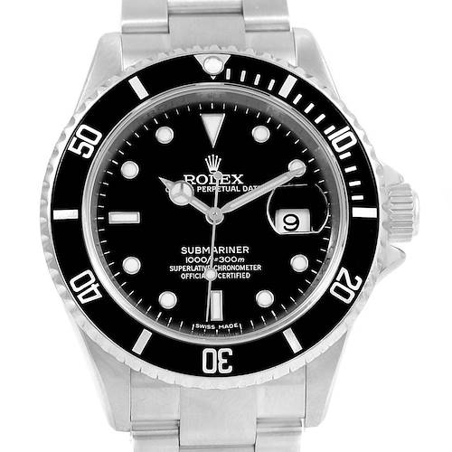 The image shows a frontal view of a Rolex Submariner 16610 Men's Stainless Steel Black Dial 16610 Men's Stainless Steel Black Dial watch, highlighting its dial, bezel, and bracelet.