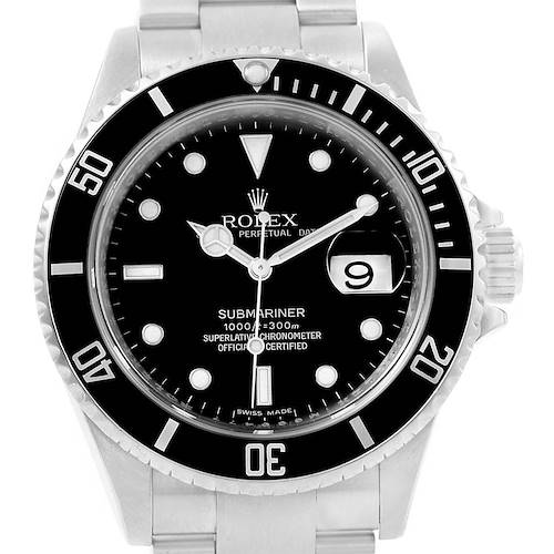 This image shows a front view of a Rolex Submariner 16610 Men's Stainless Steel Black Dial 16610 Men's Stainless Steel Black Dial watch, highlighting its dial, bezel, and part of the bracelet.