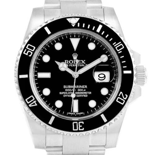 The image shows a front view of the Rolex Submariner 116610 Men's Stainless Steel Black Dial 116610 Men's Stainless Steel Black Dial watch, highlighting its dial, bezel, and bracelet.