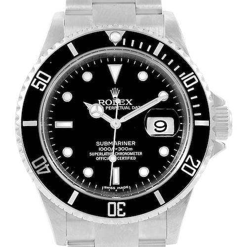 The image shows a front view of a Rolex Submariner 16610 Men's Stainless Steel Black Dial 16610 Men's Stainless Steel Black Dial watch, highlighting its dial, bezel, and bracelet.