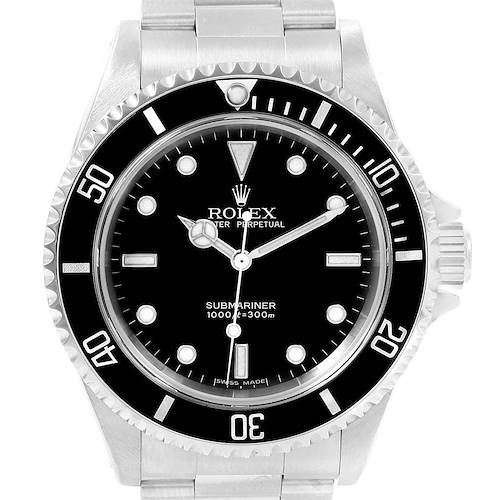 The image shows a front view of the Rolex Submariner 14060 Men's Stainless Steel Black Dial 14060 Men's Stainless Steel Black Dial watch, highlighting its dial, bezel, and part of the bracelet.