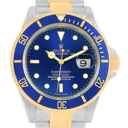 The image shows a front view of the Rolex Submariner 16613 Men's Steel and Gold (two tone) Blue Dial 16613 Men's Steel and Gold (two tone) Blue Dial watch, highlighting its blue dial, date window, bezel, and bracelet.