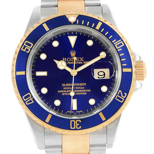 The image shows a front view of a Rolex Submariner 16613 Men's Steel and Gold (two tone) Blue Dial 16613 Men's Steel and Gold (two tone) Blue Dial watch, highlighting the dial, bezel, and part of the bracelet.