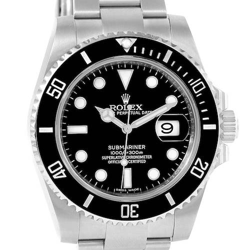 The image shows a front view of the Rolex Submariner 116610 Men's Stainless Steel Black Dial 116610 Men's Stainless Steel Black Dial watch, highlighting its dial, bezel, and part of the bracelet.