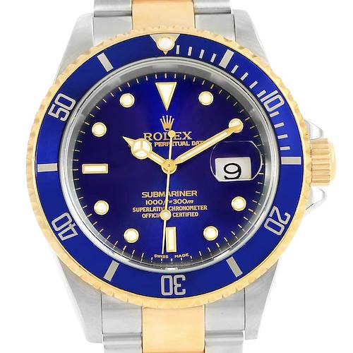 The image shows a front view of a Rolex Submariner 16613 Men's Steel and Gold (two tone) Blue Dial 16613 Men's Steel and Gold (two tone) Blue Dial watch with a blue dial, gold accents, and a two-tone bracelet.