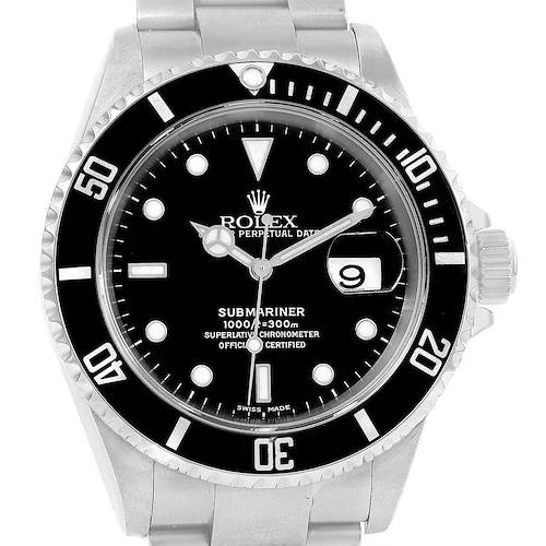 The image shows a front view of a Rolex Submariner 16610 Men's Stainless Steel Black Dial 16610 Men's Stainless Steel Black Dial watch, highlighting its dial, bezel, crown, and bracelet.
