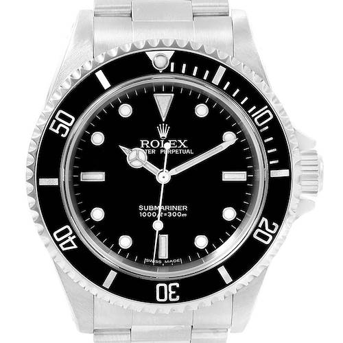 The image shows a front view of a Rolex Submariner 14060 Men's Stainless Steel Black Dial 14060 Men's Stainless Steel Black Dial watch, highlighting its black dial, bezel, and stainless steel bracelet.
