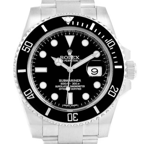 The image shows a front view of a Rolex Submariner 116610 Men's Stainless Steel Black Dial 116610 Men's Stainless Steel Black Dial watch, highlighting the face, bezel, and part of the bracelet.
