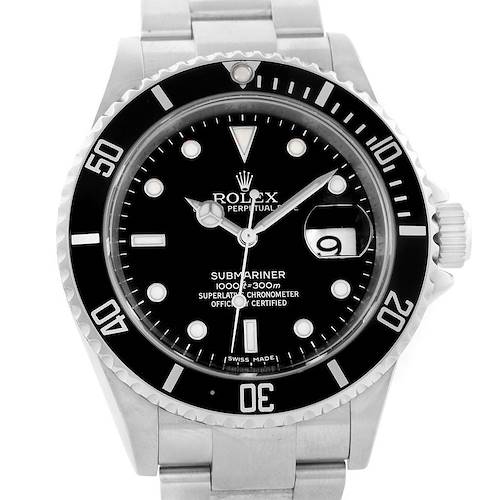 This image shows a front view of the Rolex Submariner 16610 Men's Stainless Steel Black Dial 16610 Men's Stainless Steel Black Dial watch, highlighting its black dial, bezel, and stainless steel bracelet.