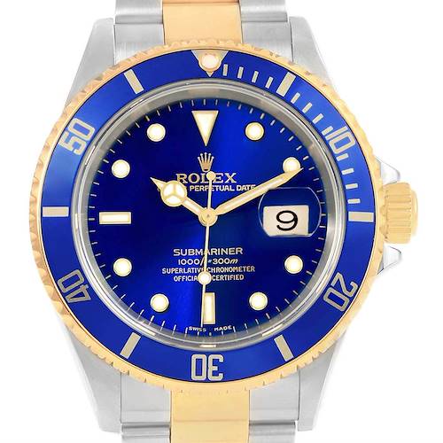 The image shows a front view of a Rolex Submariner 16613 Men's Steel and Gold (two tone) Blue Dial 16613 Men's Steel and Gold (two tone) Blue Dial watch, highlighting the blue dial, bezel, and date display.