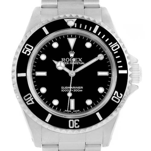 The image shows a front view of the Rolex Submariner 14060 Men's Stainless Steel Black Dial 14060 Men's Stainless Steel Black Dial watch, highlighting its black dial, bezel, and stainless steel bracelet.