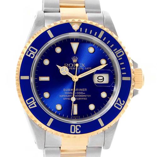 This image shows a front view of the Rolex Submariner 16613 Men's Steel and Gold (two tone) Blue Dial 16613 Men's Steel and Gold (two tone) Blue Dial watch, highlighting the blue dial, gold accents, and date window.