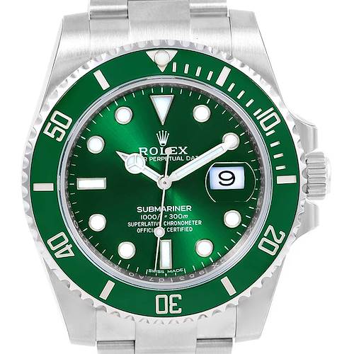 The image shows a frontal view of a Rolex Submariner 116610LV Men's Stainless Steel Green Dial 116610LV Men's Stainless Steel Green Dial with a green bezel and dial, along with its bracelet and crown clearly visible.