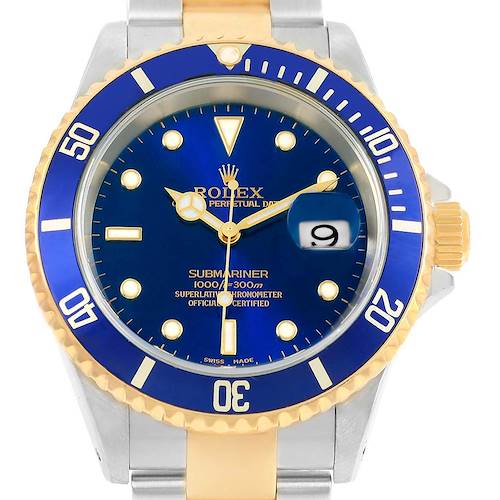 The image shows a head-on view of a Rolex Submariner 16613 Men's Steel and Gold (two tone) Blue Dial 16613 Men's Steel and Gold (two tone) Blue Dial watch, highlighting its blue dial, bezel, and two-tone bracelet.