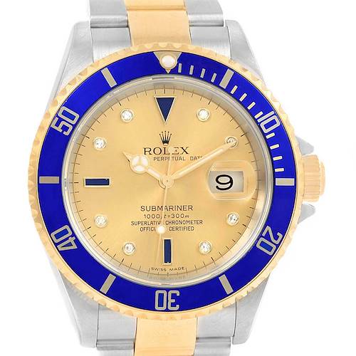 The image shows a front view of a Rolex Submariner 16613 Men's Steel and Gold (two tone) Champagne Dial 16613 Men's Steel and Gold (two tone) Champagne Dial watch, highlighting its dial, bezel, and bracelet.