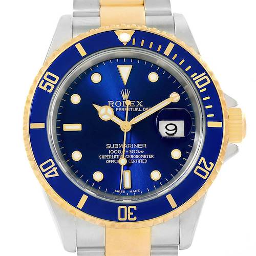 This image shows a frontal view of the Rolex Submariner 16613 Men's Steel and Gold (two tone) Blue Dial 16613 Men's Steel and Gold (two tone) Blue Dial watch featuring a blue dial and bezel with gold accents.