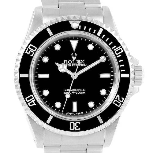 The Rolex Submariner 14060 Men's Stainless Steel Black Dial 14060 Men's Stainless Steel Black Dial watch is shown from a frontal angle, displaying its dial, bezel, and part of the bracelet.