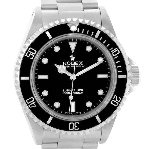 The image shows a frontal view of a Rolex Submariner 14060 Men's Stainless Steel Black Dial 14060 Men's Stainless Steel Black Dial watch, highlighting the dial, bezel, and bracelet.