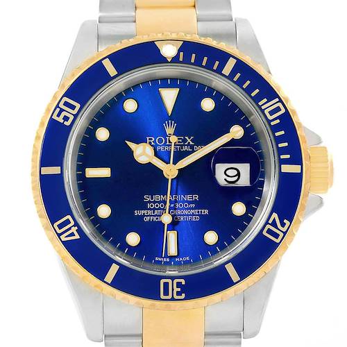 This image shows a front view of a Rolex Submariner 16613 Men's Steel and Gold (two tone) Blue Dial 16613 Men's Steel and Gold (two tone) Blue Dial watch with a blue and gold bezel and dial, and a date window at 3 o'clock.