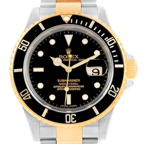 This image shows a front view of a Rolex Submariner 16613 Men's Steel and Gold (two tone) Black Dial 16613 Men's Steel and Gold (two tone) Black Dial watch displaying the face, bezel, crown, and part of the bracelet.
