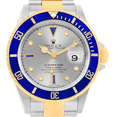 This is a Rolex Submariner 16613 Men's Steel and Gold (two tone) Grey Dial 16613 Men's Steel and Gold (two tone) Grey Dial watch shown from a top-down angle, displaying the face, bezel, and part of the bracelet.
