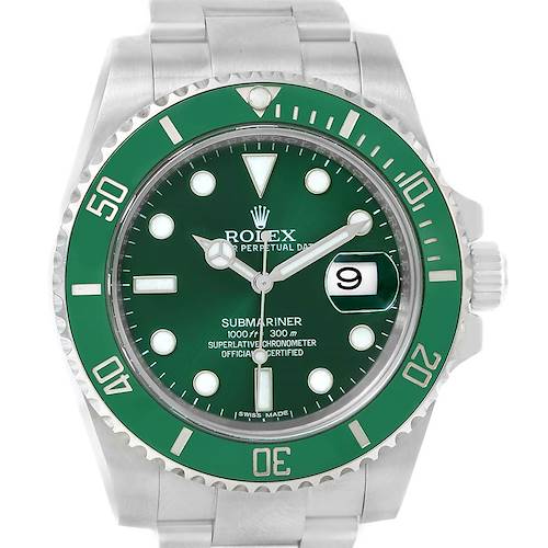 The image shows a front view of the Rolex Submariner 116610LV Men's Stainless Steel Green Dial 116610LV Men's Stainless Steel Green Dial watch, highlighting its green bezel, dial, and date window.