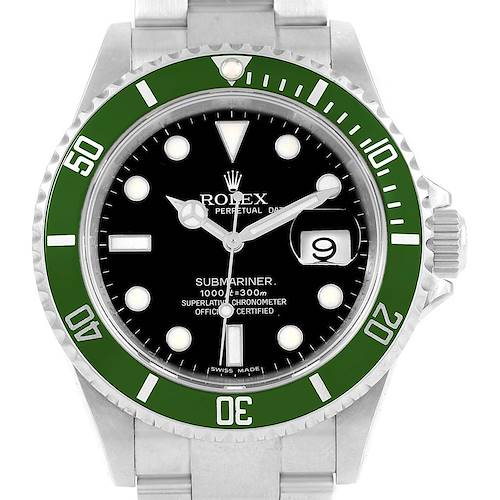 This is a front view of a Rolex Submariner 16610LV Men's Stainless Steel Black Dial 16610LV Men's Stainless Steel Black Dial watch showing its face, bezel, hands, and part of the bracelet.
