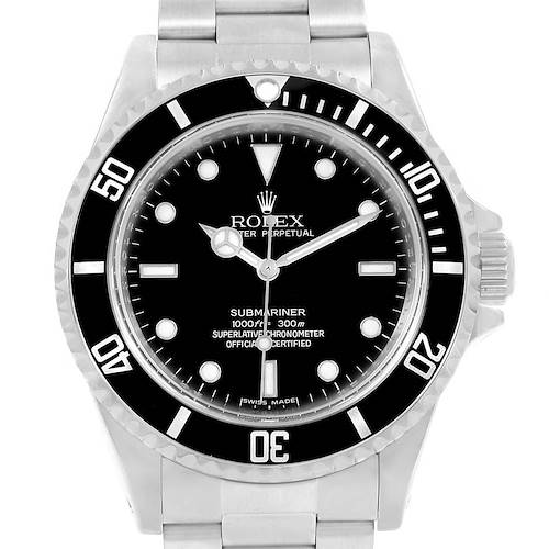 The image shows a front view of the Rolex Submariner 14060 Men's Stainless Steel Black Dial 14060 Men's Stainless Steel Black Dial watch, displaying its dial, bezel, and part of the bracelet.