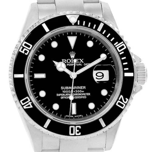 The image displays a front view of a Rolex Submariner 16610 Men's Stainless Steel Black Dial 16610 Men's Stainless Steel Black Dial watch, showcasing the dial, bezel, crown, and part of the bracelet.