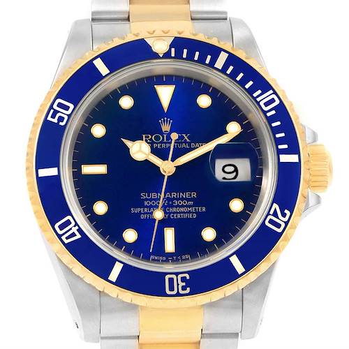 The Rolex Submariner 16613 Men's Steel and Gold (two tone) Blue Dial 16613 Men's Steel and Gold (two tone) Blue Dial is shown from a front angle, displaying the face, bezel, and part of the bracelet.