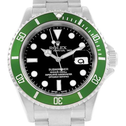 The image shows a front view of a Rolex Submariner 16610LV Men's Stainless Steel Black Dial 16610LV Men's Stainless Steel Black Dial watch with a green bezel, black dial, and stainless steel bracelet.