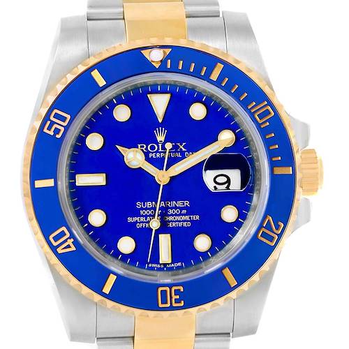 This image shows a frontal view of a Rolex Submariner 116613 Men's Steel and Gold (two tone) Blue Dial 116613 Men's Steel and Gold (two tone) Blue Dial watch, highlighting its blue dial, bezel, and date display.