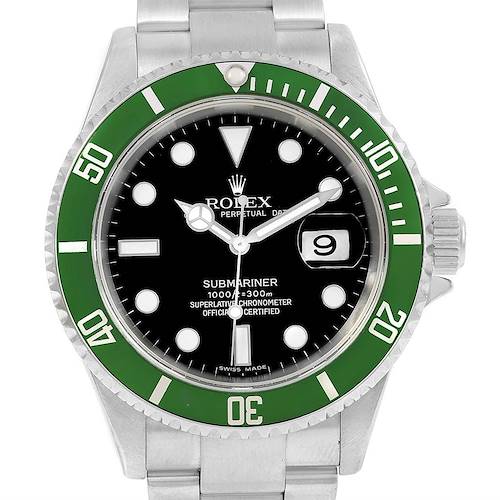 This image shows a front view of the Rolex Submariner 16610LV Men's Stainless Steel Black Dial 16610LV Men's Stainless Steel Black Dial watch, highlighting the bezel, dial, hands, and bracelet.